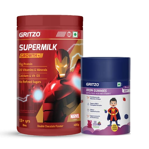 Supermilk Growth+ Ironman 400g Double Chocolate for 13+ Yrs Boy & Iron Gummies Combo