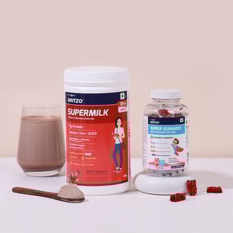 Gritzo SuperMilk Overall Growth for 13+ Yrs Girls 400 g Double Chocolate & Gummies Multivitamin Combo