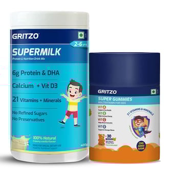 Supermilk Overall Growth for Boy/Girl 2 to 6 Yrs 400g Creamy Vanilla and Gummies Multivitamin Orange Combo