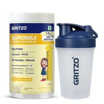 Supermilk Growth+ Unsweetened for Girl 7 to 9 Yrs 400g Creamy Vanilla and Shaker Combo