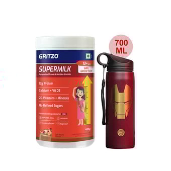 Supermilk Growth+ for Girl 13+ Yrs 400g Cafe Mocha and 700ml Iron Man Sipper Combo