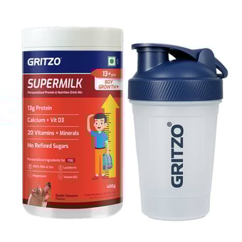 Gritzo SuperMilk Growth+ for 13+ Yrs Boys 400 g Double Chocolate & Shaker Combo