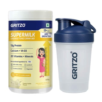 Supermilk Growth+ Unsweetened for Girl 13+ Yrs 400g Creamy Vanilla and Shaker Combo