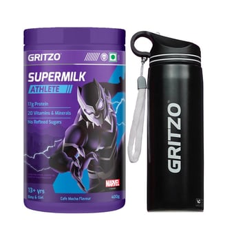 Supermilk Athlete 13+ Yrs Boy/Girl 400 g Cafe Mocha and 700ml Black Panther Sipper Combo