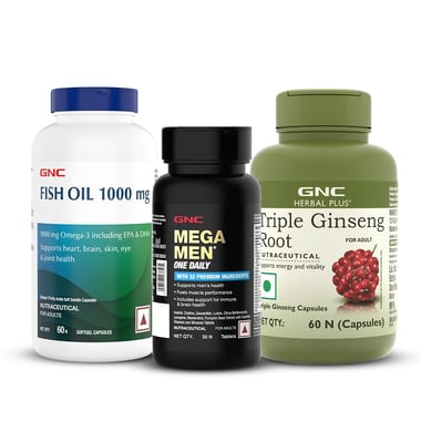 GNC Mega Men Multivitamin 30 tabs & Fish Oil 60 Caps & Triple Ginseng Root Combo,  60 capsules  Unflavoured 