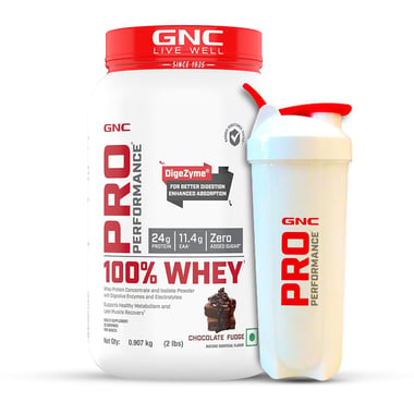 GNC Pro Performance 100% Whey Protein & White Shaker 700 ml Combo, 2 lb Chocolate Fudge