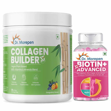 Dr. Morepen Collagen Builder 250g & Biotin+ Advanced 60 Tablets Combo, 2 Piece(s)/Pack Orange Berry & Unflavoured