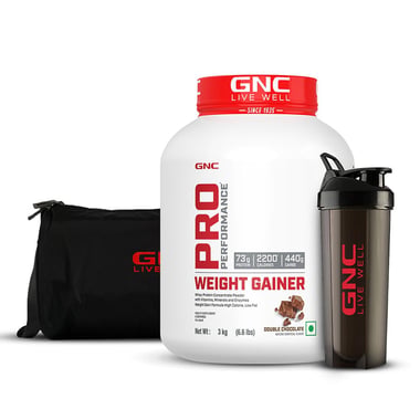 GNC Pro Performance Weight Gainer, Gym Bag & Black Plastic Shaker Combo, 6.6 lb Double Chocolate