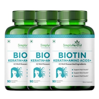 Simply Herbal Biotin 10000mcg+, 90 capsules Unflavoured (Pack of 3)