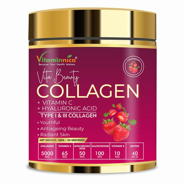 Vitaminnica Vita Beauty Collagen Powder, 180 g Strawberry (Type I & III Collagen)