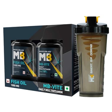 MuscleBlaze Fish Oil 1000mg & MB-Vite Multivitamin Combo 2 Piece & Cyclone Shaker Black 700 ml