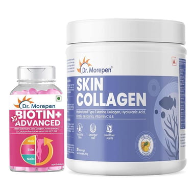 Dr. Morepen Biotin+ Advanced 60 Tablets & Marine Skin Collagen Combo, 250 g Pineapple