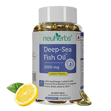 Neuherbs Omega 3 Deep Sea Fish Oil for Heart, Brain & Bone Lemon Flavour,  60 softgels 
