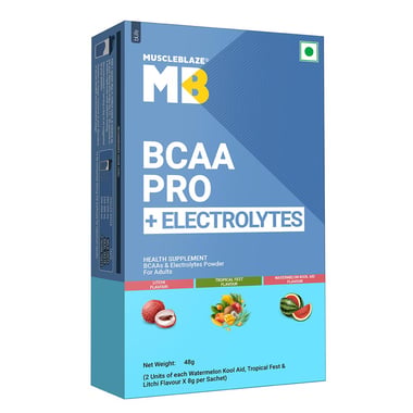 MuscleBlaze BCAA PRO + ELECTROLYTES, 48 g 6 Servings Tropical fest, Litchi & Watermelon kool Aid