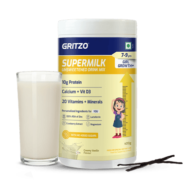 Supermilk Gritzo Growth+(Unsweetened for Girl 7 to 9 Years,  400 g  Creamy Vanilla 
