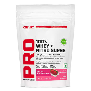 GNC Pro Performance 100% Whey + Nitro Surge, 1 lb Creamy Strawberry