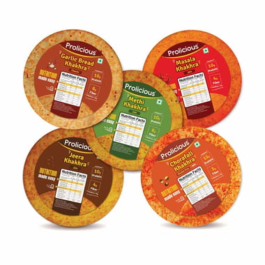 Prolicious Classic Khakhra Combo, Methi, Masala, Jeera, Garlic Bread & Chorafali (Pack of 5) 170 g