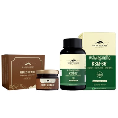 Rasayanam Ashwagandha KSM-66 60 Capsules & Pure Himalayan Shilajit Combo, 20 g