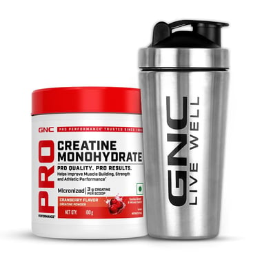 GNC Pro Performance Pure Micronized Creatine Monohydrate, Cranberry with Steel Shaker 750ml 0.22 lb