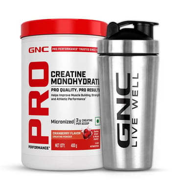 GNC Pro Performance Pure Micronized Creatine Monohydrate,  Cranberry with Steel Shaker 750ml  0.88 lb 