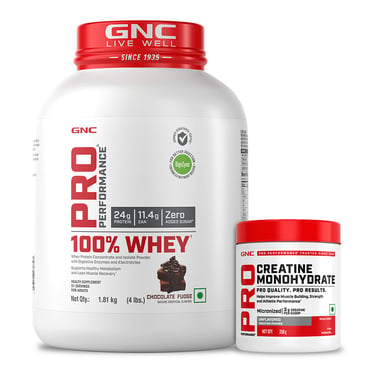 GNC Pro Performance 100% Whey Protein, 4 lb Chocolate Fudge with Creatine Monohydrate 0.55 lb Combo