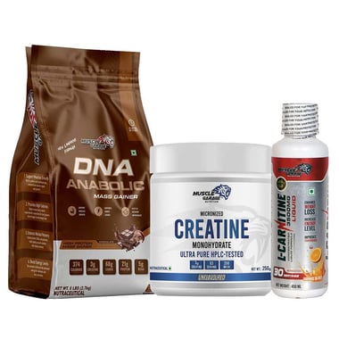Muscle Garage DNA Anabolic Mass Gainer 6lb Chocolate & L-Carnitine 3500mg Liquid 450ml Orange Blast with Creatine Combo,  0.55 lb  Unflavoured 