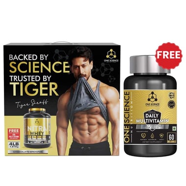 One Science Nitra Whey Tiger Combo Pack, 4 lb Chocolate Brownie with Daily Multivitamin 60 Capsules