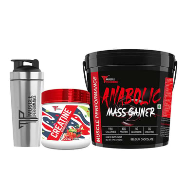Muscle Performance Anabolic Mass Gainer with Creatine Monohydrate 0.66 lbs & Steel Shaker Combo,  11 lb  Belgium Chocolate 