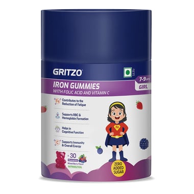 Gritzo Iron Gummies with Folic Acid and Vitamin C for 7-9 Years Girls,  30 gummies  Mixed Berry  7-9 Yrs 