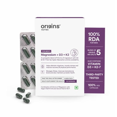 Origins Nutra Magnesium + D3 + K2 for Men,  Unflavoured  56 capsules 