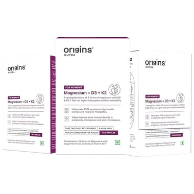 Origins Nutra Magnesium + D3 + K2 for Women,  Unflavoured (Pack of 3)  56 capsules 