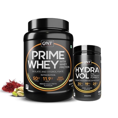 QNT Prime Whey 2.2 lb Kesar Kaju Pista with Hydra Vol Pre Workout Combo,  0.88 lb  Navel Orange 
