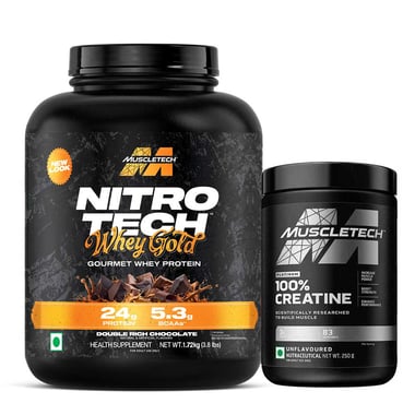 MuscleTech Nitrotech 100% Whey Gold 3.8 lb Double Rich Chocolate (India) & Platinum 100% Creatine Combo, 0.55 lb Unflavoured