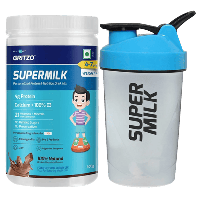 Gritzo SuperMilk Weight+ for 4-7 Yrs Boy/Girl 400 g Double Chocolate & Shaker Combo