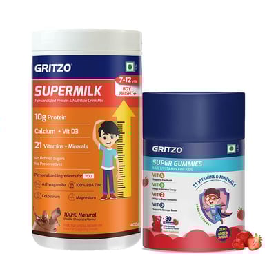 Gritzo SuperMilk Height+ for 7-12 Yrs Boy 400 g Double Chocolate & Gummies Multivitamin Combo