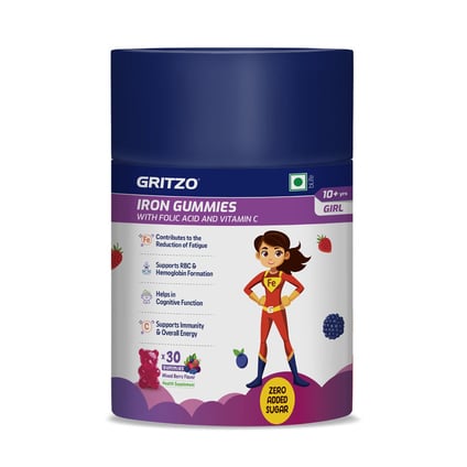 Gritzo Iron Gummies with Folic Acid and Vitamin C 10+ Yr Girl