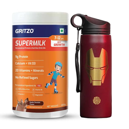 Supermilk Growth for 7 to 12 Yrs Boy 400g Double Chocolate and 700ml Iron Man Sipper Combo