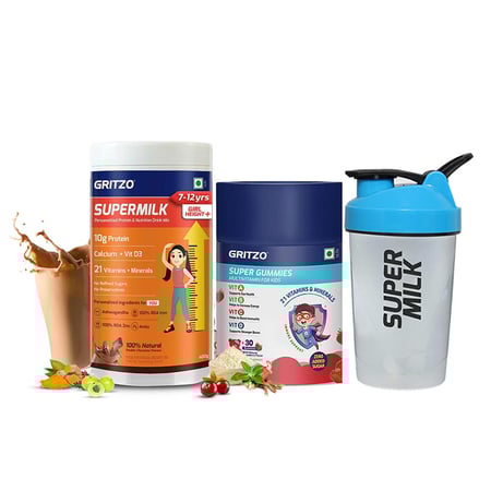 Gritzo 400g SuperMilk Height+ with Gummies Multivitamin & Shaker for 7-12 Yrs Girls