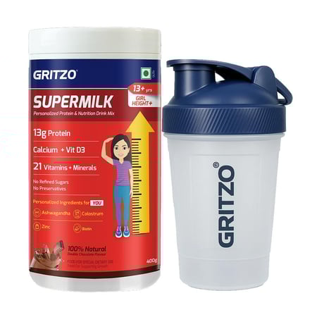 Gritzo SuperMilk Height+ for 13+ Yrs Girl 400 g Double Chocolate & Shaker Combo