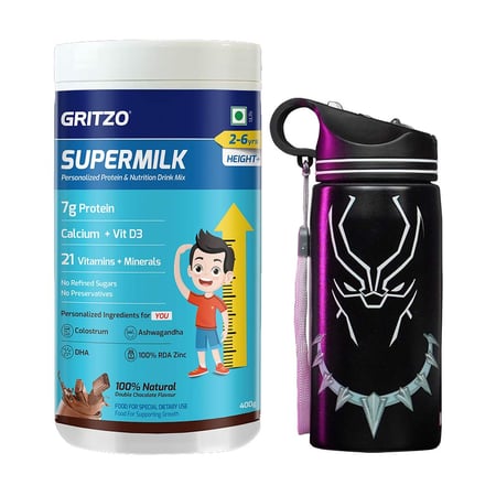 Supermilk Height+ for Boy/Girl 2 to 6 Yrs 400g and Black Panther Sipper 500ml Combo