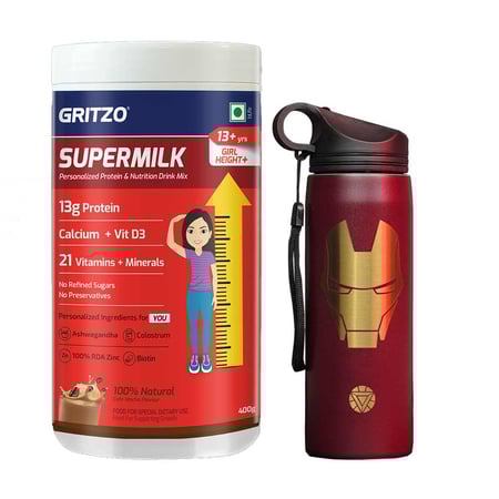 Supermilk Height+ for Girl 13+ Yrs 400g Cafe Mocha and Iron Man Sipper 700ml Combo