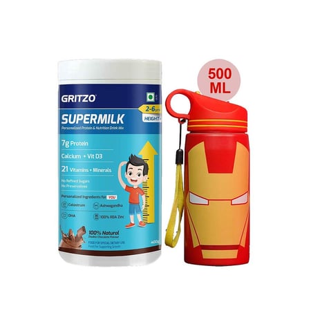 Supermilk Height+ for Boy/Girl 2 to 6 Yrs 400g and 500ml Iron Man Sipper Combo