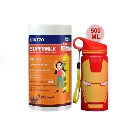 Supermilk Height+ for Girl 7 to 12 Yrs 400g and 500ml Iron Man Sipper Combo