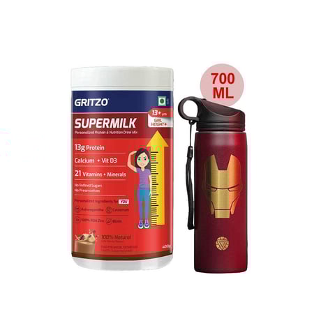 Supermilk Height+ for Girl 13+ Yrs 400g Cafe Mocha and 700ml Iron Man Sipper Combo