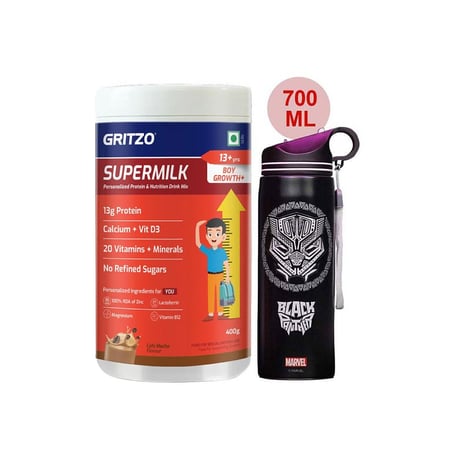 Supermilk Growth+ for Boy 13+ Yrs 400g Cafe Mocha and 700ml Black Panther Sipper Combo