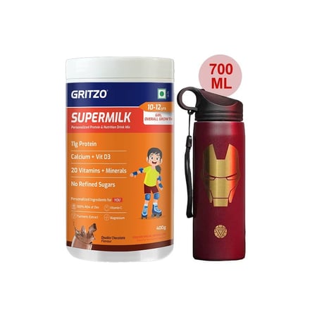 Supermilk Overall Growth for Girl 10 to 12 Yrs 400g and 700ml Iron Man Sipper Combo