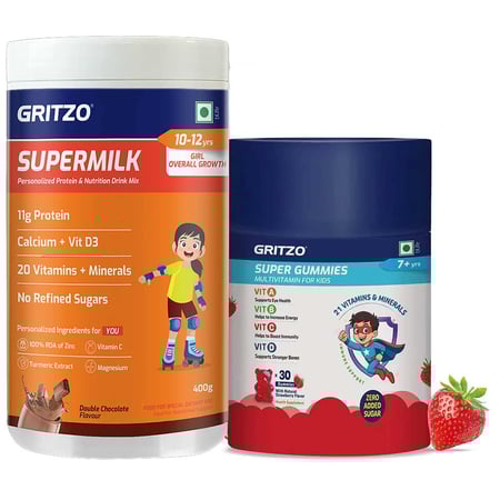Gritzo SuperMilk Overall Growth for 10 to 12 Yrs Girls 400 g Double Chocolate & Gummies Multivitamin Combo