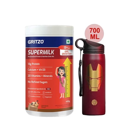 Supermilk Growth+ for Girl 13+ Yrs 400g Double Chocolate and 700ml Iron Man Sipper Combo