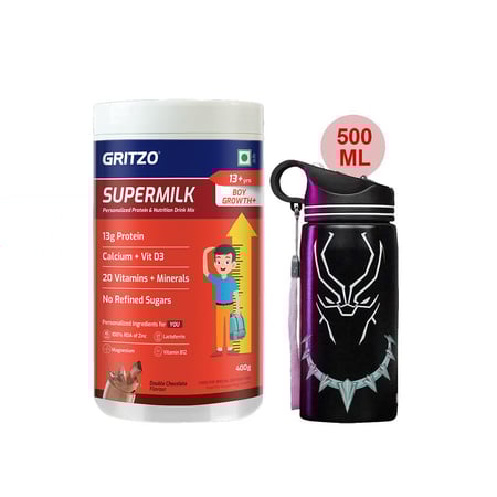 Supermilk Growth+ for Boy 13+ Yrs 400g Double Chocolate and 500ml Black Panther Sipper Combo