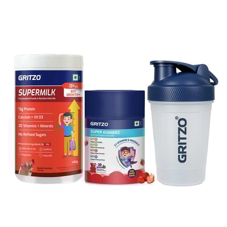 Gritzo 400g SuperMilk Growth+ with Gummies Multivitamin & Shaker for 13+ Yrs Boys